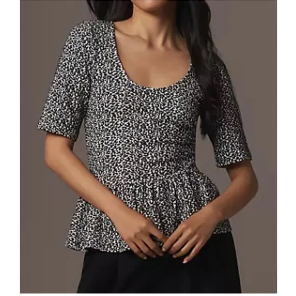 Anthropologie Maeve Black White Leopard Print Peplum Short Sleeve Top NWT S
